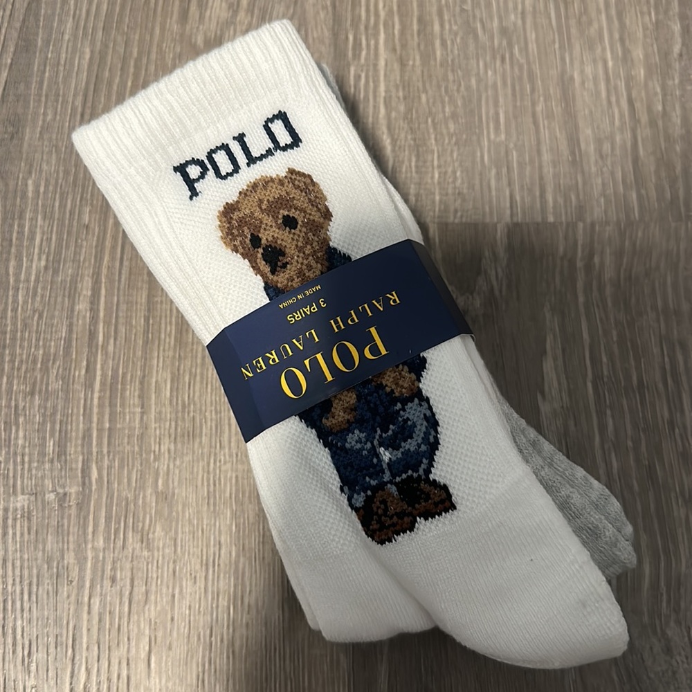 NWT Ralph Lauren Polo Americana Sport Bear Crew Socks, Set of 3 Teddy Bear - Picture 3 of 5